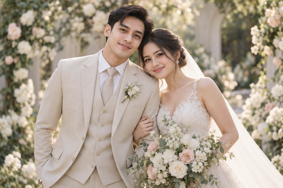 Ilustrasi pasangan pengantin di taman